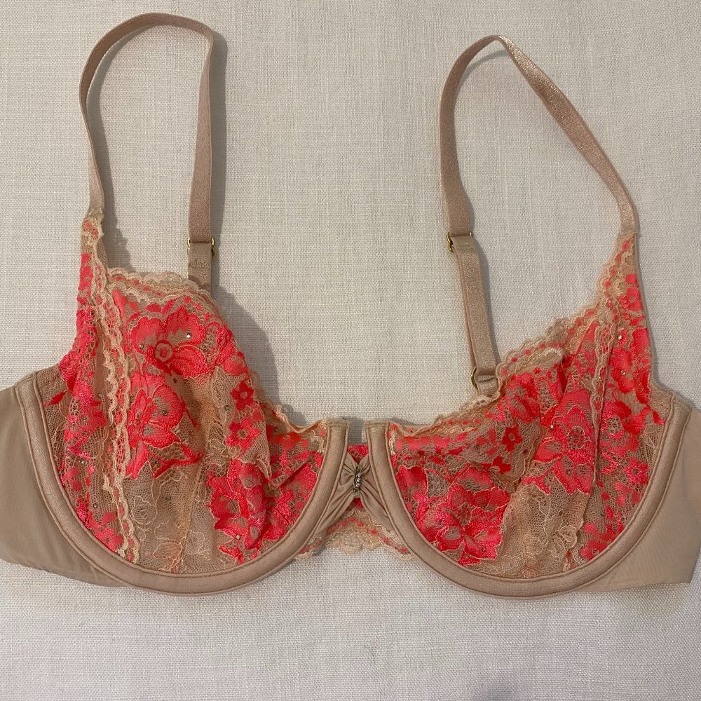 Victoria's Secret - Neon Pink/Orange and Cream Lace Bra - Unlined - Size 34C